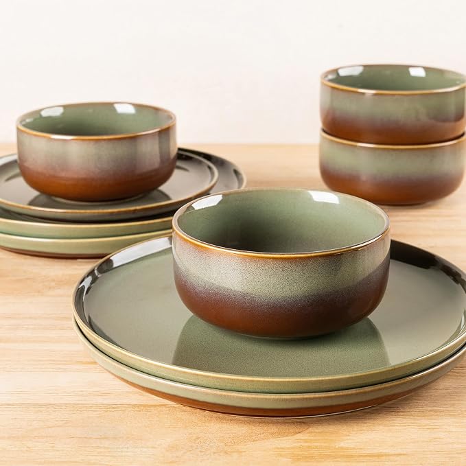 Ceramic Dinnerware Set for 4, 12-Piece Plates and Bowls Set | Handmade Reactive - Image 4