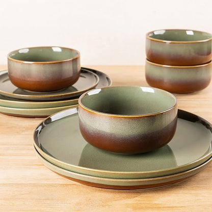 Ceramic Dinnerware Set for 4, 12-Piece Plates and Bowls Set | Handmade Reactive - Image 4