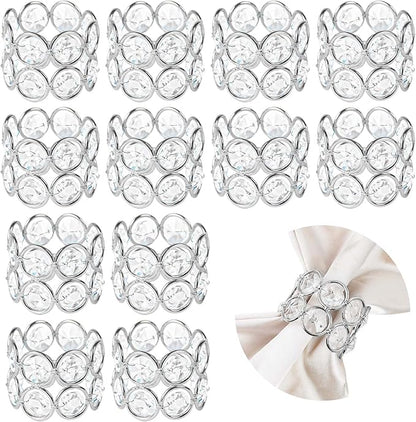Crystal Metal Napkin Rings Set, Elegant Wedding/Party Table Decor, Shiny Holiday Dinner Accessories Bulk, Bridal Shower Gift, Anniversary, Christmas, Home Decor Essentials (Silver, 12-Pcs)