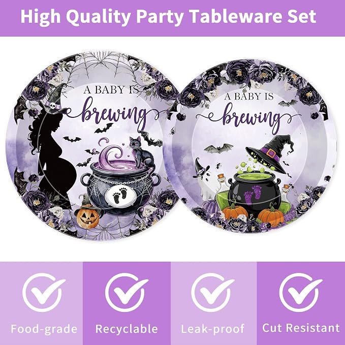 96 Pcs A Baby Is Brewing Halloween Baby Shower Decorations, Witch Brew Plates - Image 3