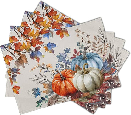 Fall Placemats Set of 4, 12 x 18 Inch Blue and Orange Pumpkin Fall Maple Leaves Washable Heat Resistant Rectangle Place Mat Thanksgiving Decor Table Mats for Seasonal Kitchen Dining