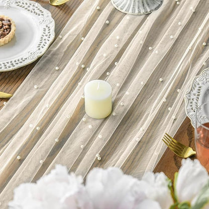 Artoid Mode 6PCS Pearl Beige Gauze Table Runner 120 Inch 10FT, Seasonal Sheer Dining Holiday Wedding Birthday Baby Shower Table Decor for Home Party