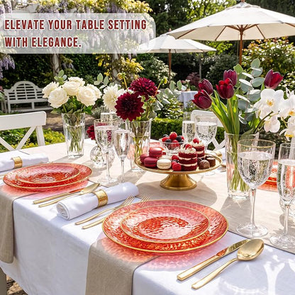 Rubtlamp 60 Pcs Red Plasitc Plates, Fancy Party Plates, Hammered Plastic plates - Image 3