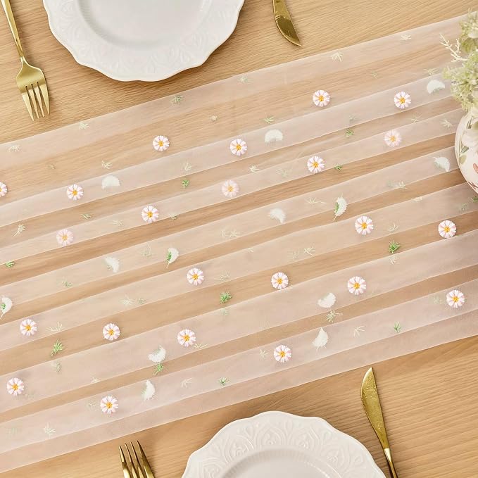 Table Runner 10FT Gauze Elegant Tea Party Decor Pastel Embroiderey | Pink Sheer - Image 6