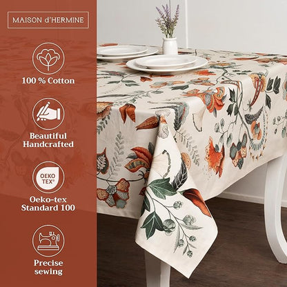 Maison d' Hermine Table Cloth Rectangle Table 100% Cotton 70 x 90 Inches Fall Tablecloth Reusable Everyday Use for Thanksgiving Christmas Decorations Dining Farmhouse Party (Dalida)
