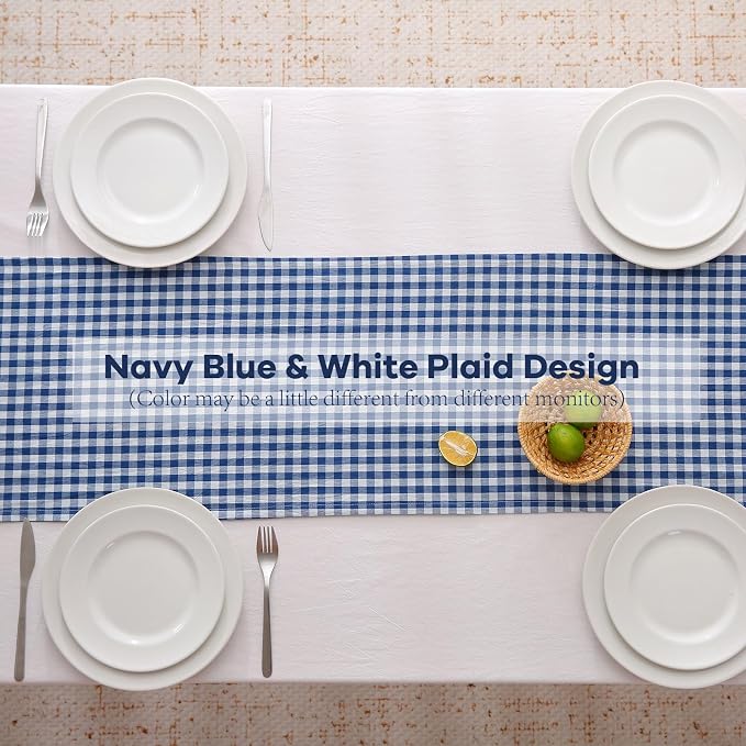 Navy Blue White Plaid Gingham Ruffle Table Runner 72 inches Long 100% Washed - Image 4