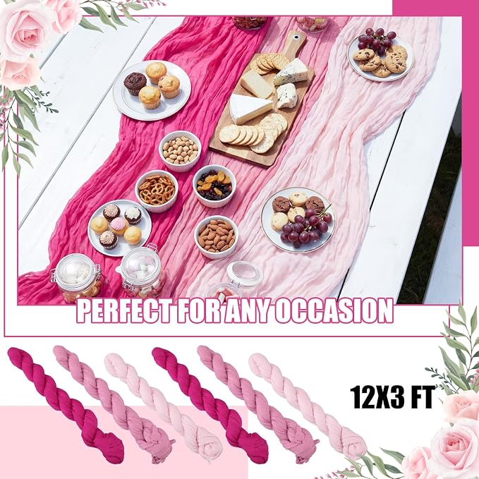 12 Pcs Gradient Rose Pink Cheesecloth Gauze Table Runners | Boho Wedding Decor - Image 5