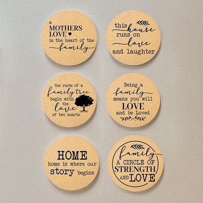 Coasters for Drinks with Holder Set of 6, Family Coasters Home&Love Coaster for New Home Couples House Warming Gifts Absorbent Cork Wood for Cup Desk Coffee Table Office Kitchen Decor, Round 4"