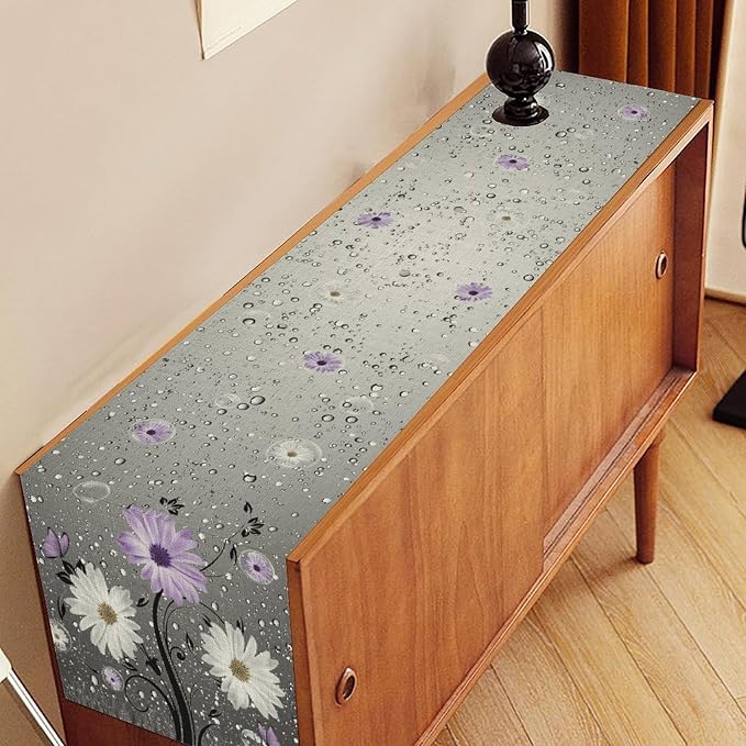 Farmhouse Purple Floral Table Runner, Rustic Spring Floral Flower Wooden Boards - Image 2