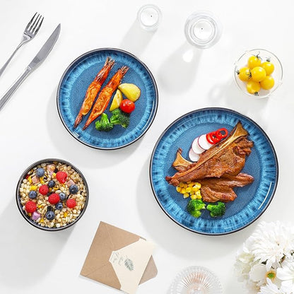 vancasso PLAYA Plates and Bowls Sets, 24 Pieces Blue Dinnerware Sets for Kitchen, Reactive Glaze Dishes Set for 8, Dishwasher and Microwave Safe