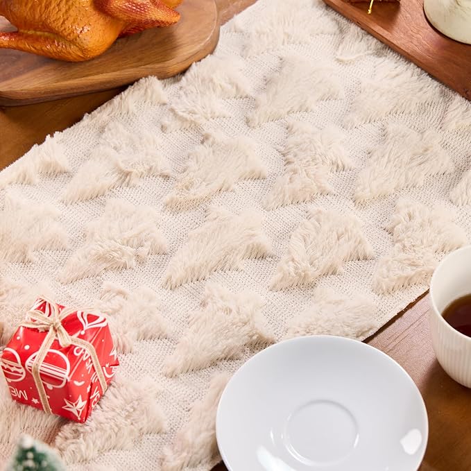 Christmas Trees Table Runner Soft Plush Faux Fur Cream Tree Christmas Table - Image 7