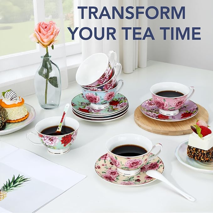 BTaT- Tea Cups and Saucers, Floral Design, Porcelain Tea Cup Sets, Dishwasher - Image 5