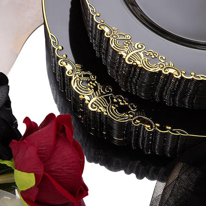 Hioasis 175pcs Black and Gold Plates - Black Party Plates for 25 Guest, Include 50 Heavy-duty Plates(20% Thicker Than Standard), 75 Cutlery Set, 25 Napkin, 25 Cups