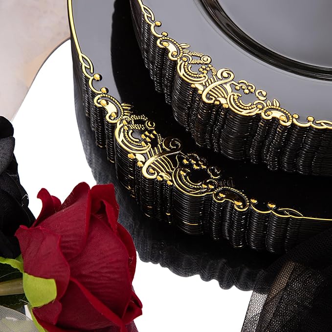 350 Pcs Black Gold Plates for Graduation | Black Party Plates Set for 50 Guests - Image 4