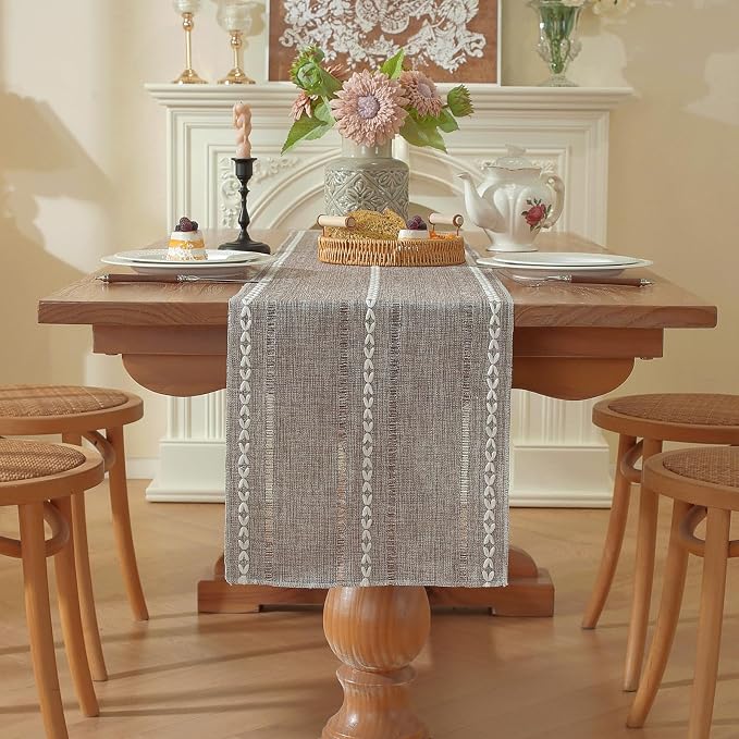 Boho Cotton Linen Brown Table Runner, Farmhouse Woven Table Runners Spring - Image 7