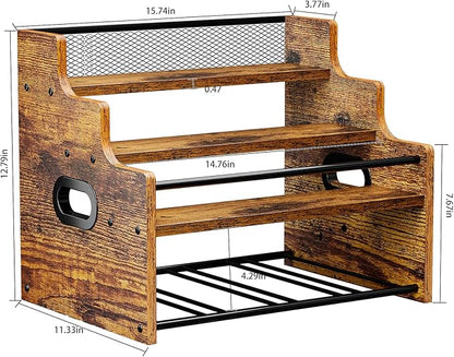 KLM 4-Tier Wood Display Shelf, Black Modern Bottle Organizer, Countertop Bar Stand for Liquor, Coffee Syrup, (Brown)