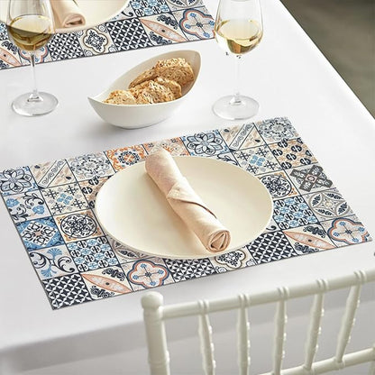 Mandala Bohemian Placemats Set of 6 Two-Sided Washable Table Placemat Boho Mat Fabric Cloth Vintage Flower for Farmhouse Kitchen Outdoor Dining Decor 12x18 Inch (Bohemian B)