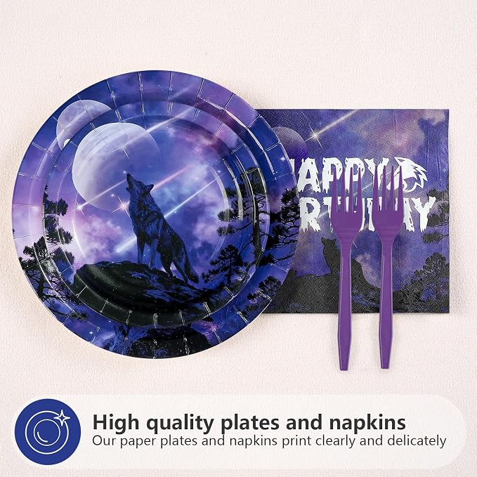 96 Pcs Wolf Birthday Party Galaxy Wolf Decorations, Serves 24 | Black Purple - Image 2