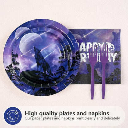 96 Pcs Wolf Birthday Party Galaxy Wolf Decorations, Serves 24 | Black Purple - Image 2