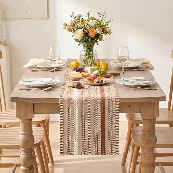 Artoid Mode Caramel Farmhouse Stripe Braided Table Runner 12x48 Inch | Holiday - Image 2