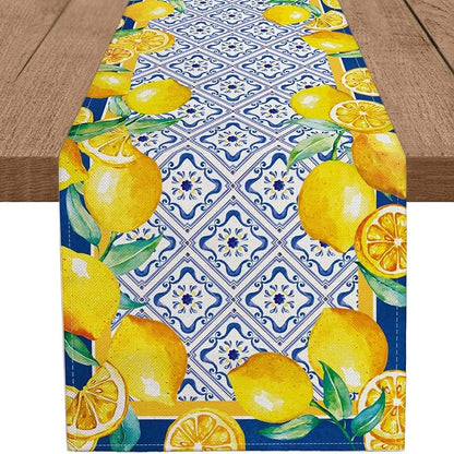Capri Blue Lemon Table Runner Italy Tile Burlap Artificial Yellow Lemon Fruit by WHOMEAF