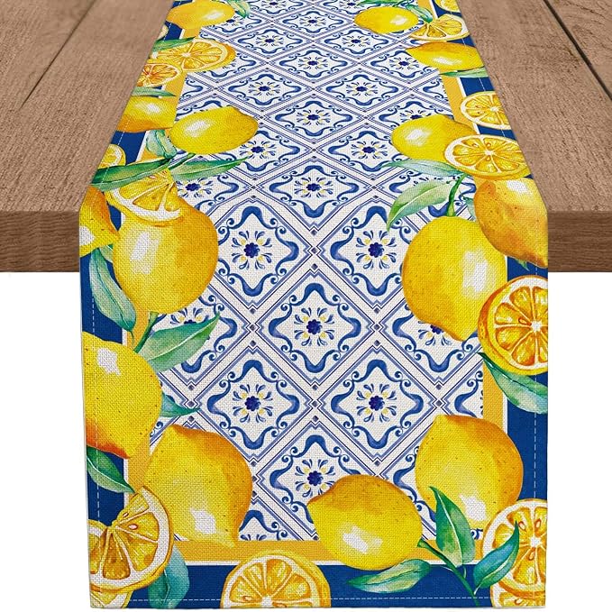 Capri Blue Lemon Table Runner Italy Tile Burlap Artificial Yellow Lemon Fruit by WHOMEAF