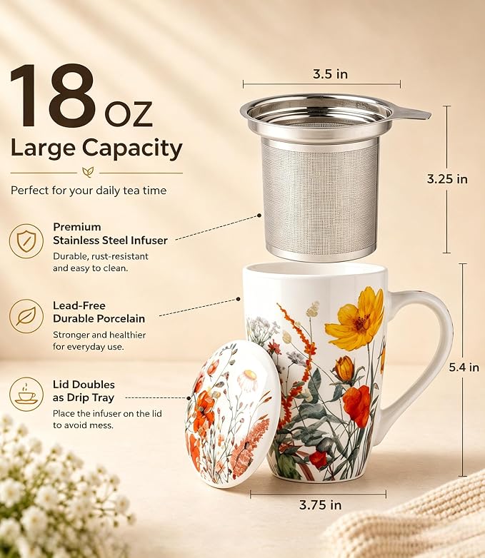 AmorArc Tea Cup With Infuser and Lid, 18oz Loose Leaf Tea Mug With Steeper | - Image 2