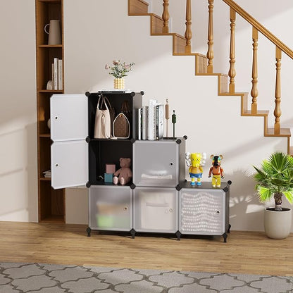 Cube Storage Organizer, 6-Cube Shelves Unit with Doors, DIY Stackable Plastic Clothes Organizer for Bedroom and Under Stairs Storage Unit, Each Compartment 30 x 30 x 30 cm Black ATTSL6001
