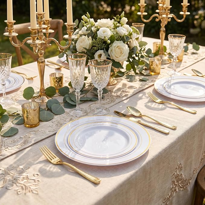 102 Pcs Gold Plastic Plates, Premium Disposable Gold Plates | Gold Rimmed - Image 7