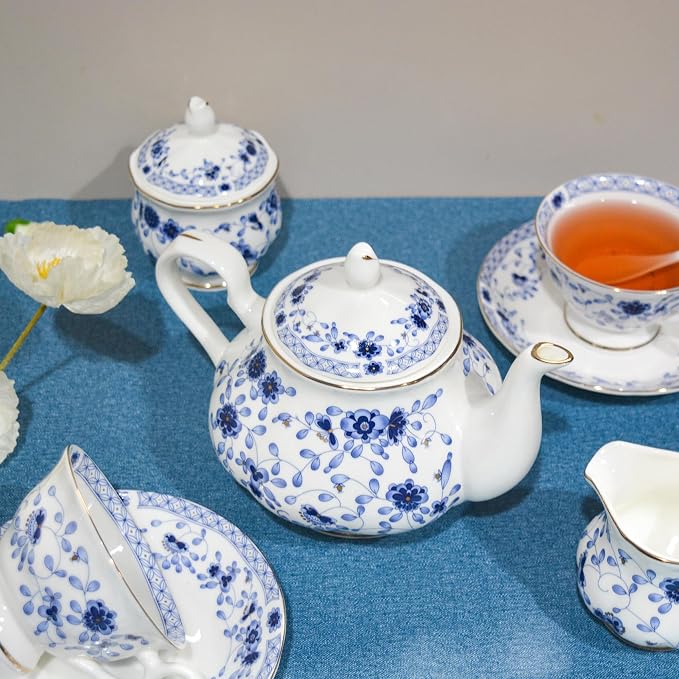 Bone China Tea Set, 21-Pieces Porcelain Tea Set - Image 3