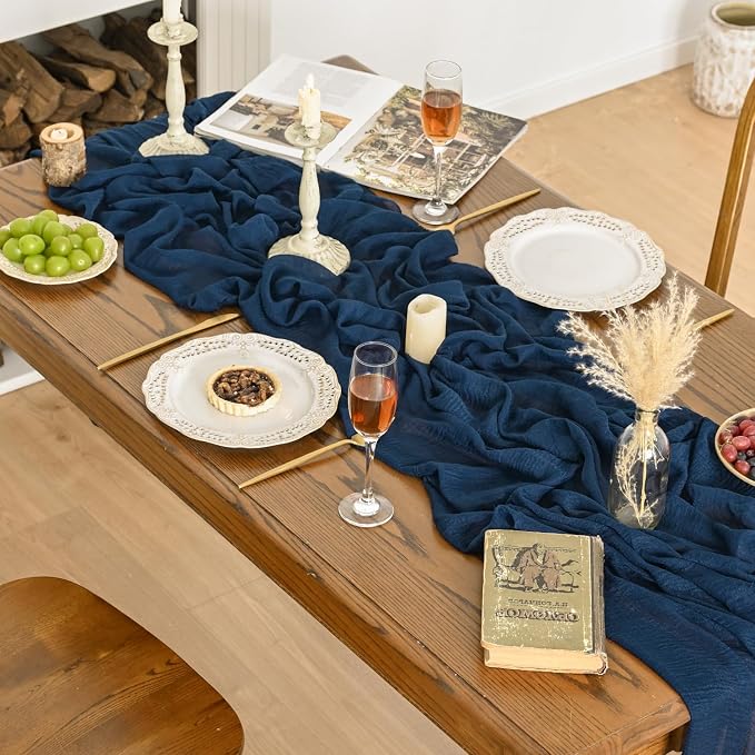 Artoid Mode Boho Cheesecloth Gauze Navy Blue Wedding Table Runner, 120 Inch - Image 6