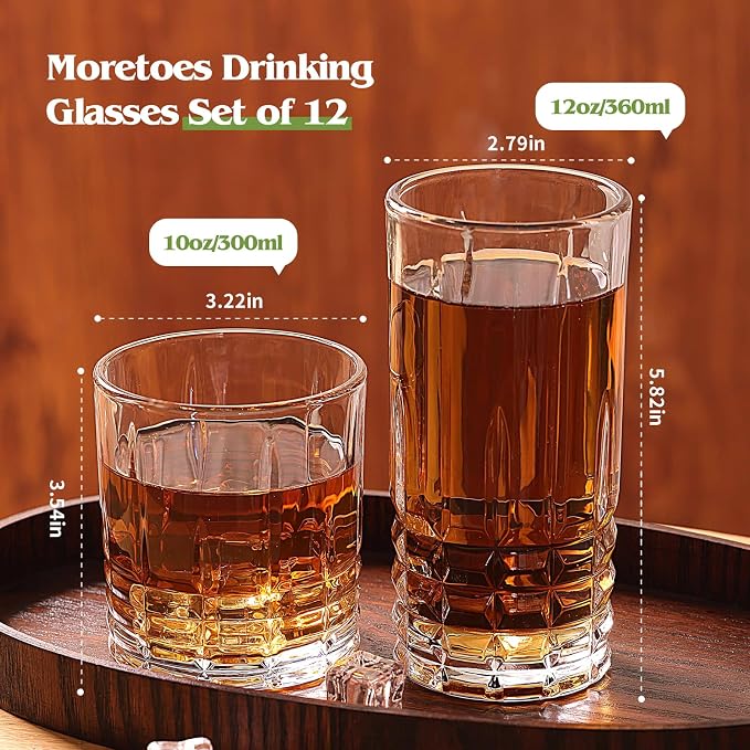 Moretoes Drinking Glasses Set of 12, Mixed Drink Cocktail Glass | 6 Highball - Image 3