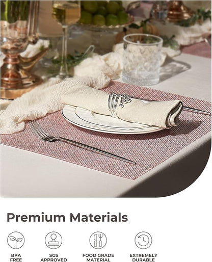 Leetaltree Luxury Pink Iridescent Placemats Set of 6 - Waterproof Washable for Wedding, Anniversary, Festive and Daily Use - Sparkling Table Mats Table Decor - Hand-Cut