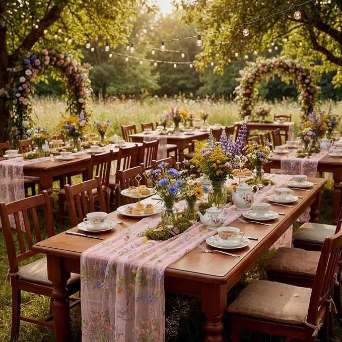 Pink Floral Table Runner 10ft Embroidery Tulle Spring Wildflower Table Runner - Image 5