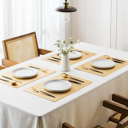 Jovono Faux Leather Placemats Set of 8, Waterproof Washable Table Mats, Easy-Clean Heat Resistant Kitchen Vinyl Place Mat for Dining Table, Wedding, Holidays, Indoor, 17.8"x11.8", Gold