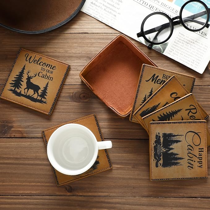 Rustic Cabin Bear Artificial Leather Coasters Set of 6 - Image 4