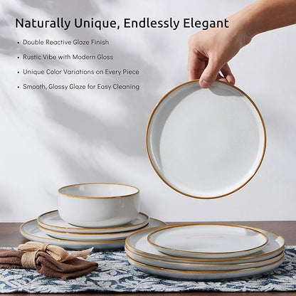 E-far Plates and Bowls Set for 4, 12-Piece Stoneware Dinnerware Sets, Ceramic Dinning Ware Reactive Glaze Dishes Set, Microwave & Dishwasher Safe - Seashell White
