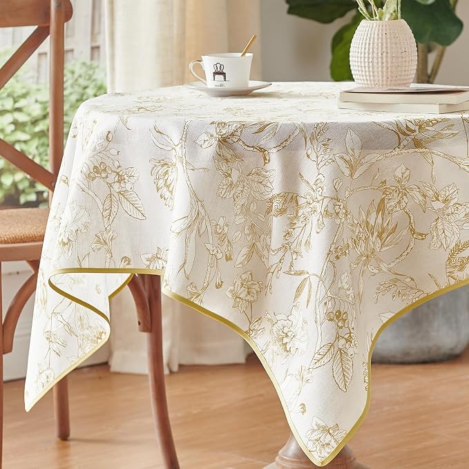 jinchan Yellow Floral Linen Square Table Cloth 50 x 50 Inch | Warm floral tones - Image 2