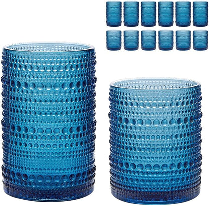 HomeVogue Hobnail Drinking Glasses Set of 12, 12oz & 15oz Vintage Glassware Set by HomeVogue