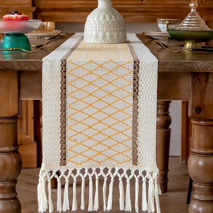 EMMTEEY Macrame Table Runner Boho Style 108 Inches Long, Hexagonal Yellow | - Image 5