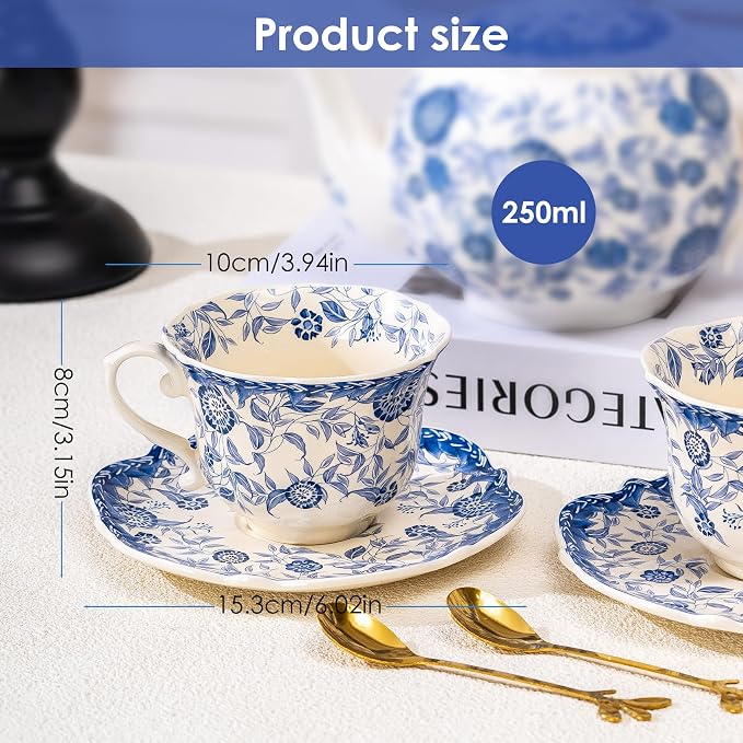 French style blue and white retro teacup and saucer set, 6.8 oz teacup and - Image 5