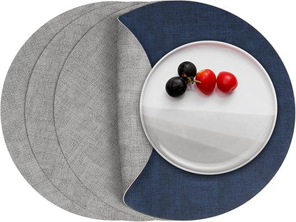 Myir JUN Round Placemats Dual Sided, Faux Leather Place Mats Set of 4 Indoor Placemat for Dining Table Outdoor Place Mat Non-Slip Washable Table Mats (Gray Blue, Set of 4)