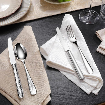 KEAWELL Premium 20/45/65 Piece Louise Hammered Silverware Set with Round Edge, 18/10 Stainless Steel, Service for 4/8/12, Fine Flatware Set, Dishwasher Safe (65)