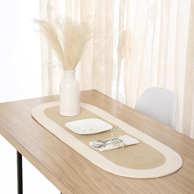 Encasa XO Dining Table Runner, Handmade Ribbed Cotton 12"x36" Beige & Off White by EncasaXO