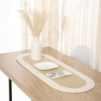 Encasa XO Dining Table Runner, Handmade Ribbed Cotton 12"x36" Beige & Off White by EncasaXO