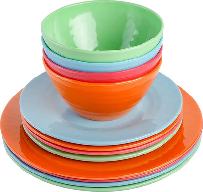 Gibson Home Brist Melamine Plastic Dinnerware Set, Service for Four (12pcs), Assorted II
