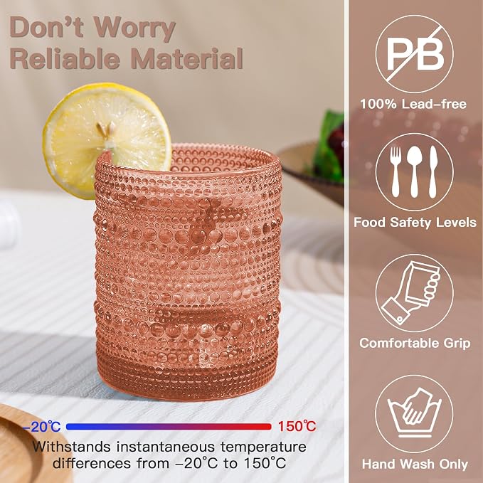 JOVGANK Venus Vintage Hobnail Drinking Glasses Set of 6, Embossed Water Tumbler - Image 3