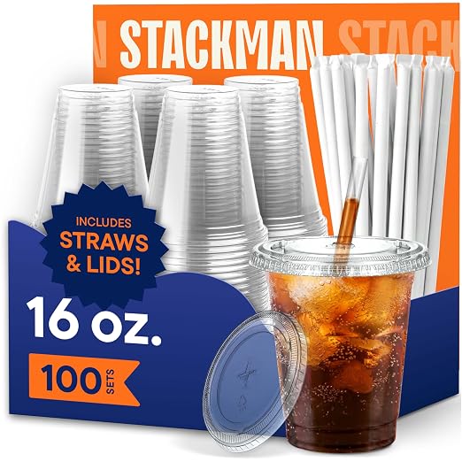 Stack Man Clear Plastic Cups - 16 oz - 100 Pack | Disposable Iced Coffee Cups by StackMan