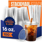 Stack Man Clear Plastic Cups - 16 oz - 100 Pack | Disposable Iced Coffee Cups by StackMan
