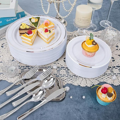 WELLIFE 450 PCS Silver Disposable Dinnerware Set for 75 Guests, Wedding Plates Silver Plastic Plates for Party, Including 75 Dinner Salad Plates, Cups, Forks Knives Spoons for Wedding and Party